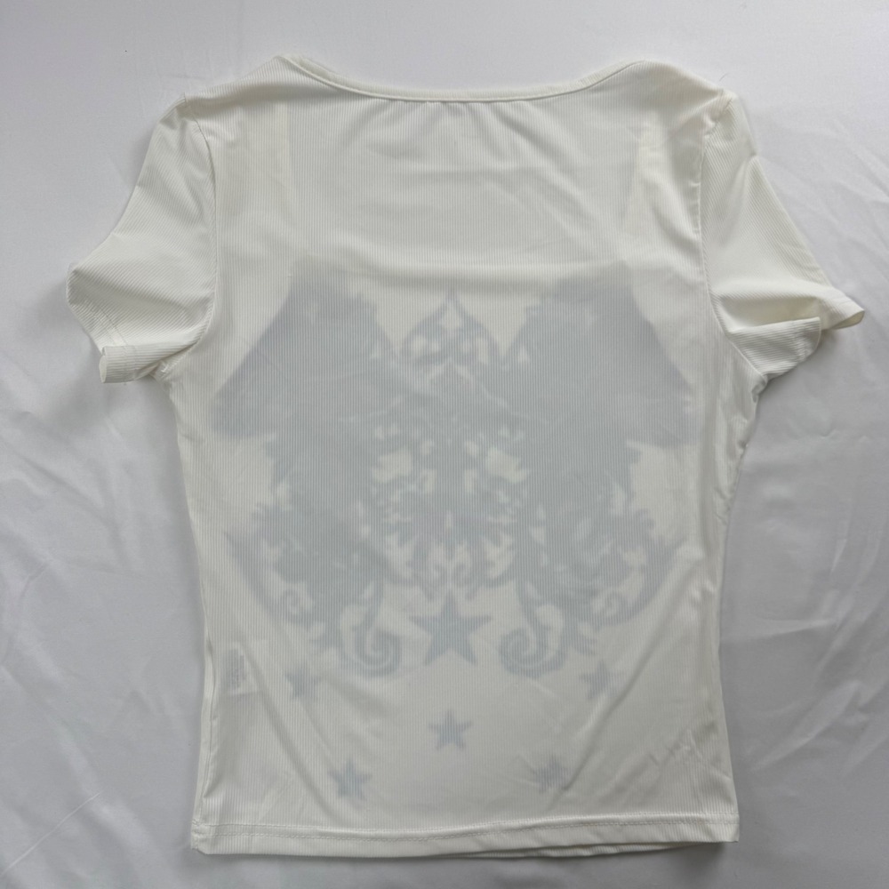 Women White Ribbed Gothic Graphic Square Neck Short Sleeve Top Size M Mall Y2K - Picture 4 of 7